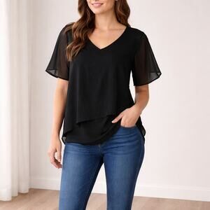 Bobeau Black Chiffon Layered Blouse XS Sheer Half Sleeve Top
